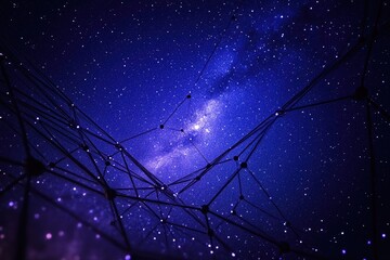 An intricate, glowing network structure overlays a vibrant starry night sky, revealing the Milky Way and suggesting cosmic digital connections.