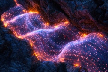 A futuristic river of shimmering blue and orange light particles flows through dark, textured rocky terrain, depicting abstract data or energy.