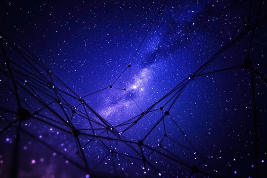 An intricate, glowing network structure overlays a vibrant starry night sky, revealing the Milky Way and suggesting cosmic digital connections.