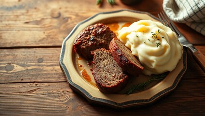 cozy rustic farmhouse dinner top view plate meatloaf mashed potatoes comfort food stoneware  

