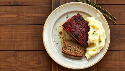 meatloaf mashed potatoes rustic farmhouse comfort food dinner stoneware cozy plate top view  
