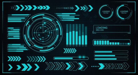 Digital Futuristic Interface Displaying Data Analytics and Progress Bars