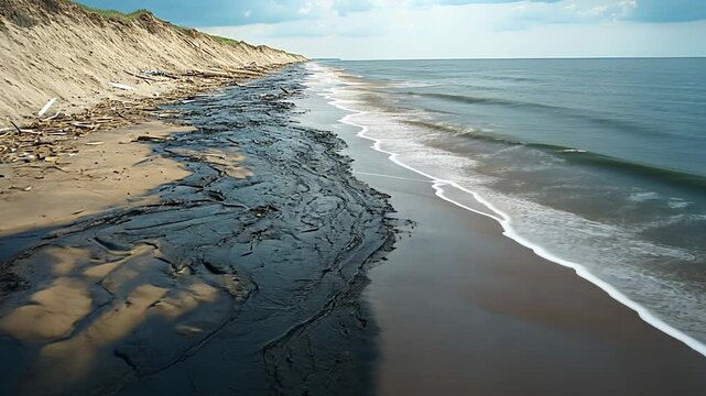 Aerial view of oil spill polluting the beach, environmental disaster.