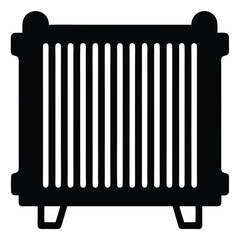 Isolated black silhouette features a radiator with vertical vents and support legs for heating systems