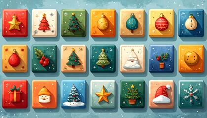 A collection of twenty-one stylized, square-shaped holiday ornaments of various designs, arranged on a textured, blue background, creating a festive mosaic
