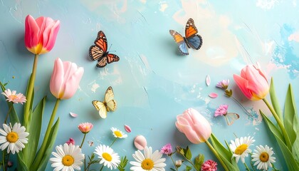 A colorful, artful composition with vibrant tulips, daisies, and butterflies against a light blue and white backdrop
