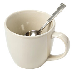 Coffee Cup Still Life with Silver Spoon Resting Inside on a transparent background