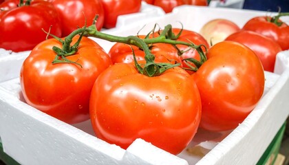 Close-up of ripe tomatoes in a white styrofoam container