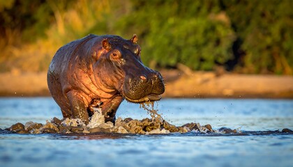 A large hippo strides through shallow, muddy water, illuminated by warm sunlight with a blurred background