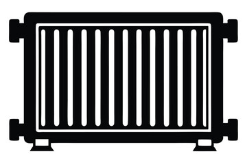 Black silhouette showcases an old radiator with vertical bars, set against a white backdrop