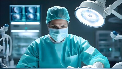 Male surgeon inside operating room preparing for surgical procedure with patient under bright lights and sterile instruments
