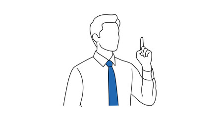Line drawing of a man in a shirt and tie pointing upwards with his index finger.