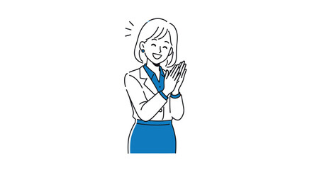 A smiling woman in business attire claps her hands with joy and excitement.