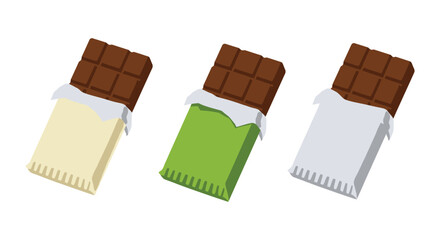 Three Chocolate Bars with Different Colored Wrappers on a White Background