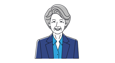 A smiling older woman, illustrated in a business suit, looking directly at the viewer.
