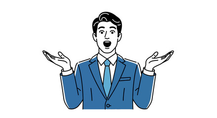 Surprised businessman with open mouth and outstretched arms in a gesture of disbelief or shock.
