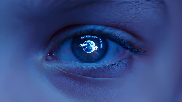 Insightful Gaze: A captivating closeup captures the serene reflection of a spacecraft within the depths of an eye, exploring themes of exploration and human connection with the cosmos.