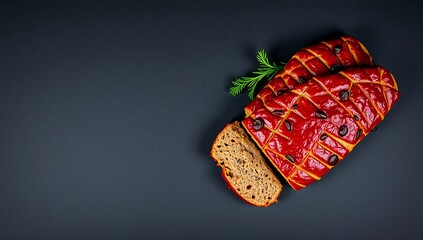 meatloaf mashed potatoes gourmet dinner flat lay dark background copy space restaurant style premium  
