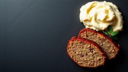 gourmet premium flat lay dark background meatloaf mashed potatoes restaurant style copy space dinner  
