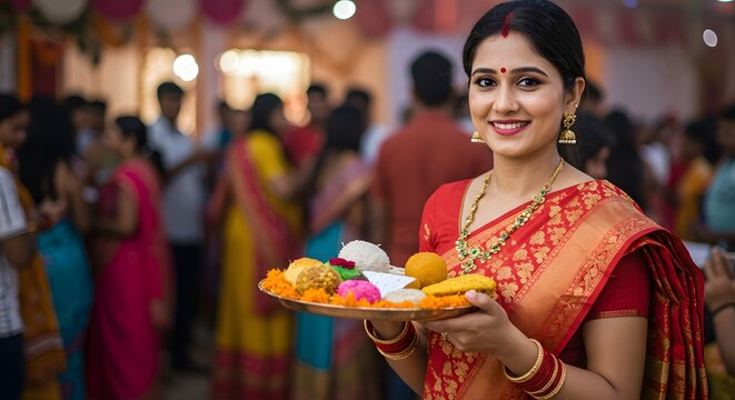 Beautiful Indian Woman in Traditional Red and Gold Saree Holding a Plate of Festive Sweets and Offerings at a Cultural Event
