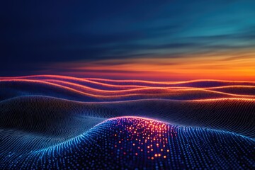 A stunning digital landscape of glowing blue and orange data waves under a gradient sky, evoking technology, energy, and an ethereal, futuristic sunset.
