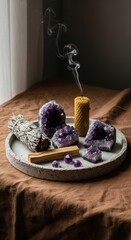 Amethyst crystals with burning sage and beeswax candle on rustic tray, spiritual meditation scene with healing stones, smoke and holistic decor in cozy natural home interior