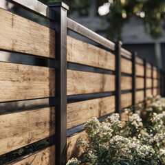 Close-up of modern privacy fencing with natural wood panels and black supports, combining stylish protection and residential outdoor control