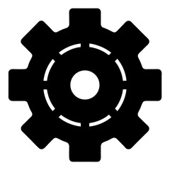 Stylized black and white cog wheel illustration for technical diagrams, solid gear
