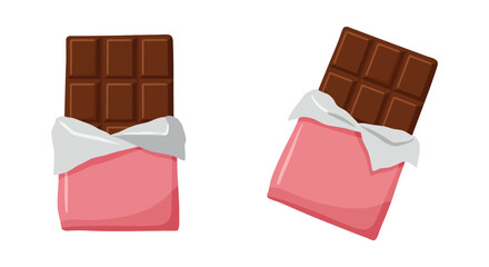 Two chocolate bars with pink wrappers one standing upright one tilted
