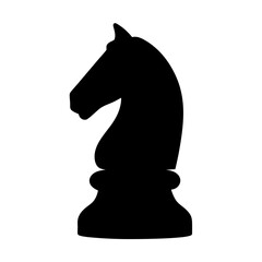 Dramatic silhouette of a knight chess piece against a stark white background