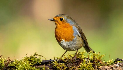 Close-up of robin perched on mossy log