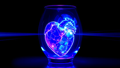 A vibrant, illuminated human heart is displayed within a transparent glass. The heart glows with internal detail and blue color.