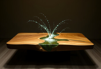 Artistic water fountain built in a wooden table, unique home decor piece