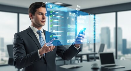 Fototapeta premium Businessman Interacts with Futuristic Holographic Technology in a Modern Office Environment