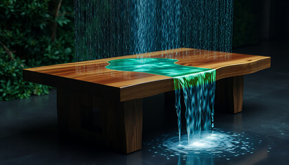 A unique wooden table features a stunning resin river. The table has a rich wood grain and is set against a lush, atmospheric background. A stream of clear water flows down the table