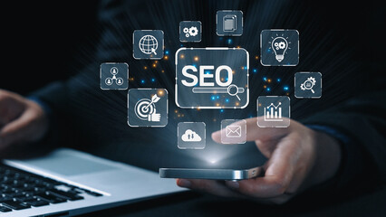 SEO concept for improving SEO visibility, with SEO related digital tools and SEO performance icons shown in an focused layout for strategic marketing. Elide