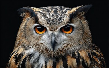 Intense gaze of a majestic eagle owl with striking orange eyes against a dark background