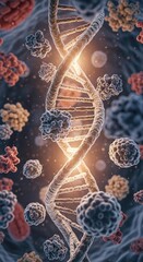 DNA helix glowing among molecular cells, symbol of biology, genetics, evolution, medicine and human life research in modern biotechnology concept