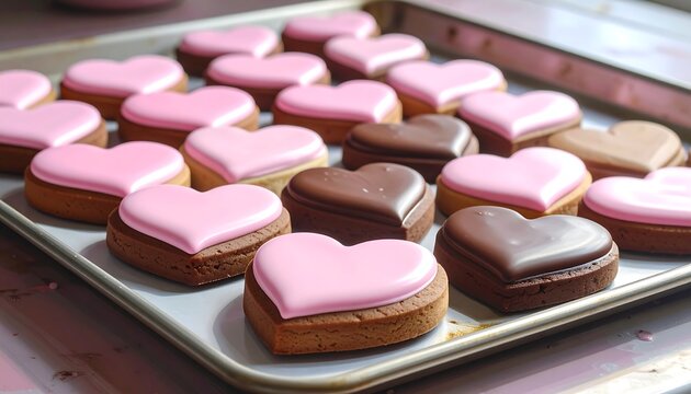 Heart-shaped cookies arranged on a baking sheet