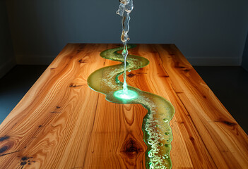 An exquisite wooden table showcasing an artistic river design with illuminated water flowing down its center