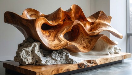 A large, intricate wooden sculpture resembling ocean waves, carved from rich, dark wood and resting atop a stone base