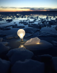 A radiant glowing light bulb illuminating from the ice in the ocean, against the calm of dusk. The perfect symbol of creativity, innovation and bright ideas
