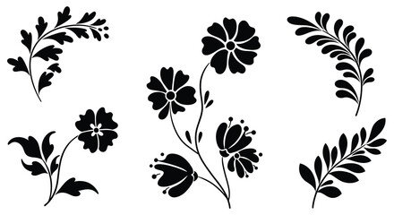 Elegant Floral Vector Set Black Silhouette Flowers and Leaves for Design Elements