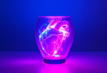A human heart model, glowing with vibrant light, encased in a glass
