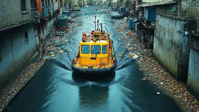 A yellow boat navigates a trash-filled canal in a poverty-stricken area.