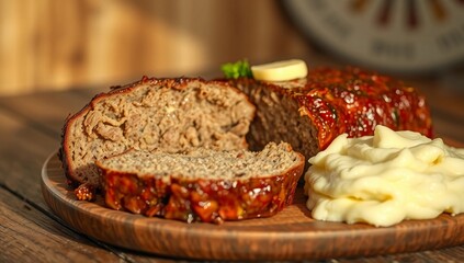rustic macro close up juicy texture meatloaf mashed potatoes homemade comfort food dinner  
