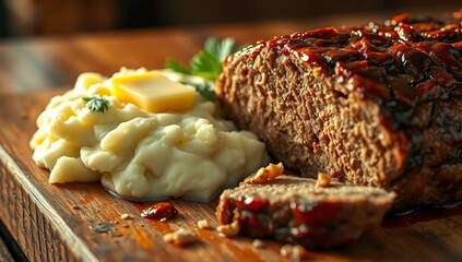 close up macro juicy meatloaf mashed potatoes comfort food dinner rustic homemade texture  
