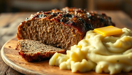 macro texture juicy close up rustic homemade meatloaf mashed potatoes dinner comfort food  
