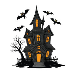 Dark haunted house with bats flying, isolated on white background