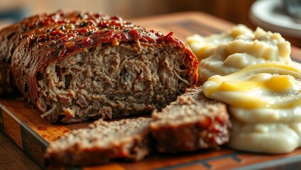 meatloaf mashed potatoes close up macro texture juicy dinner comfort food homemade rustic  
